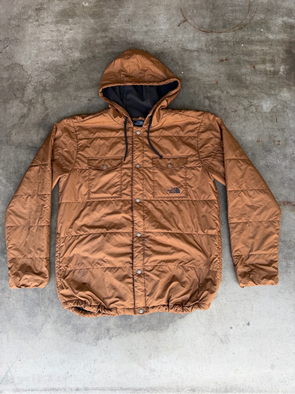 The North Face Meeks Jacket Mens L Brown Hooded Puffer Snap Button Fleece Lined